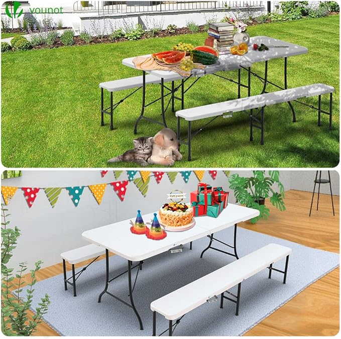 Folding table and 2 white benches set 180x75x72cm